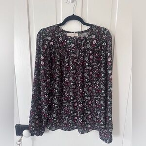 Loft women’s long sleeve black floral mixed media blouse